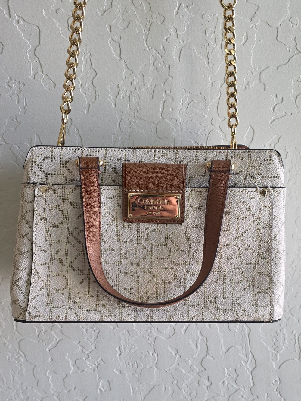 Calvin Klein Cream & Brown Logo Chain Shoulder Tote